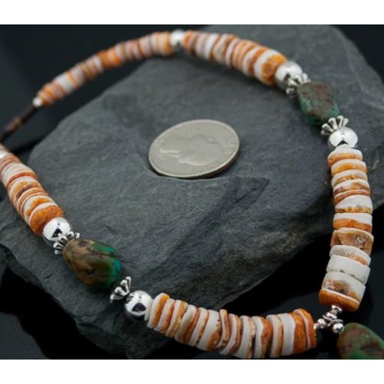 Certified Authentic Navajo Native .925 Sterling Silver Graduated Melon Shell and Turquoise Native American Necklace 390617925292