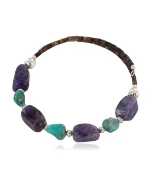 Certified Authentic Navajo Natural Amethyst Turquoise Heishi Adjustable Wrap Native American Bracelet 12742-73