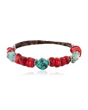 Certified Authentic Navajo Natural Turquoise Coral Heishi Native American Adjustable Wrap Bracelet 12742-1