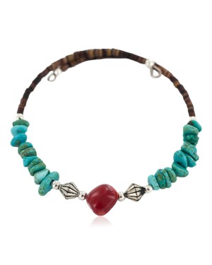 Certified Authentic Navajo Natural Turquoise Heishi Coral Native American Adjustable Wrap Bracelet 13151-46