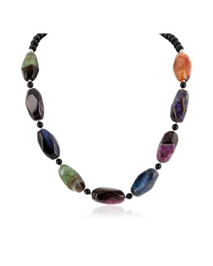 Certified Authentic Navajo Nickel Black Onyx Dyed Agate Native American Necklace  25302