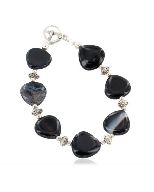 Certified Authentic Navajo Nickel Natural Black Agate Native American Bracelet 13048-1