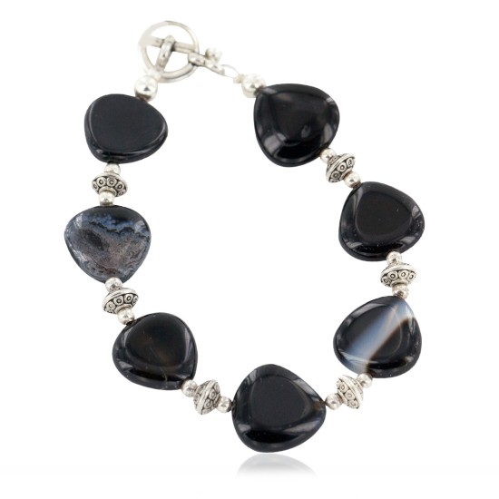 Certified Authentic Navajo Nickel Natural Black Agate Native American Bracelet 13048-1