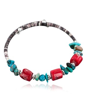 Certified Authentic Navajo Turquoise and CORAL Native American WRAP Bracelet 12728