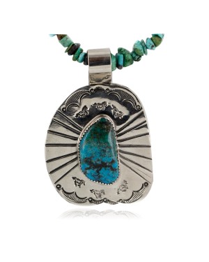 Certified Authentic Nickel .925 Sterling Silver Handmade Navajo Natural Turquoise Native American Necklace 12965-15814