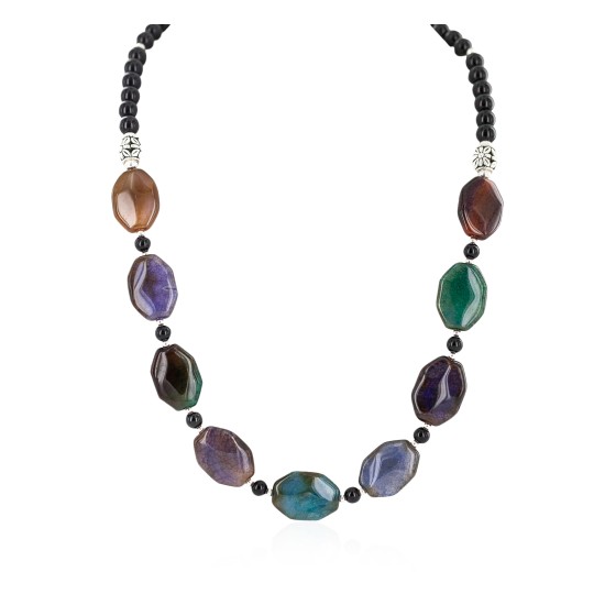 Certified Authentic Nickel Navajo Natural Black Onyx Agate Native American Necklace 18265-6