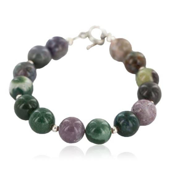 Certified Authentic Nickel Navajo Natural Green Agate Native American Bracelet 13066-1