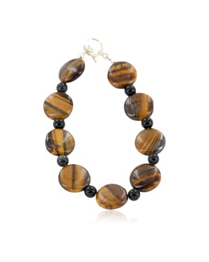 Certified Authentic Nickel Navajo Natural Tigers Eye and Black Onyx Native American Bracelet 13047-2