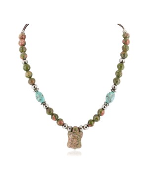 Certified Authentic Turtle Navajo .925 Sterling Silver Natural Turquoise Green Jasper Native American Necklace 12226-44
