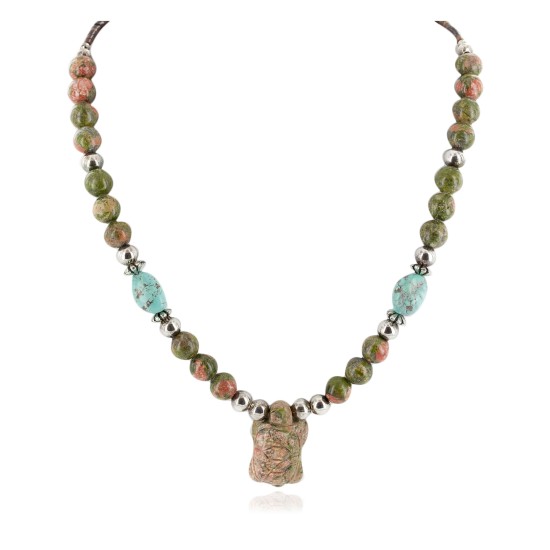 Certified Authentic Turtle Navajo .925 Sterling Silver Natural Turquoise Green Jasper Native American Necklace 12226-44