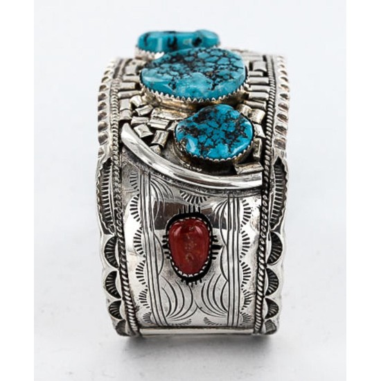 Large Collectable Handmade Certified Authentic Navajo .925 Sterling Silver Coral Turquoise Signed Native American Cuff Bracelet 12471