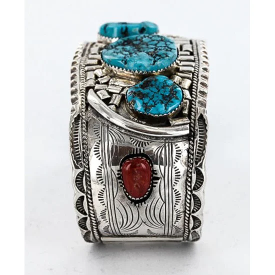 Large Collectable Handmade Navajo .925 Sterling Silver Coral Turquoise Signed Native American Cuff Bracelet 12471