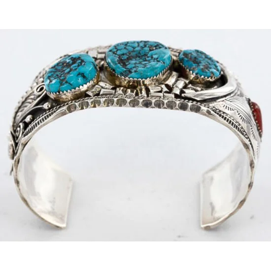 Large Collectable Handmade Navajo .925 Sterling Silver Coral Turquoise Signed Native American Cuff Bracelet 12471