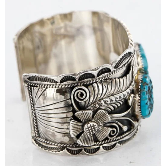 Large Collectable Handmade Navajo .925 Sterling Silver Coral Turquoise Signed Native American Cuff Bracelet 12471
