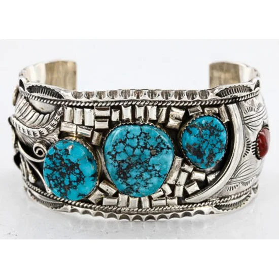 Large Collectable Handmade Navajo .925 Sterling Silver Coral Turquoise Signed Native American Cuff Bracelet 12471