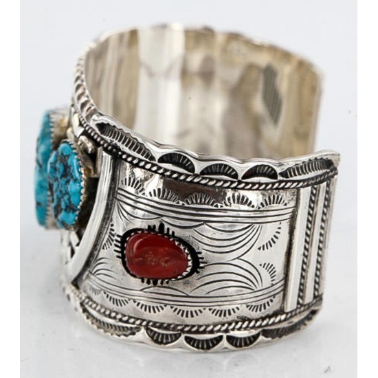 Large Collectable Handmade Certified Authentic Navajo .925 Sterling Silver Coral Turquoise Signed Native American Cuff Bracelet 12471