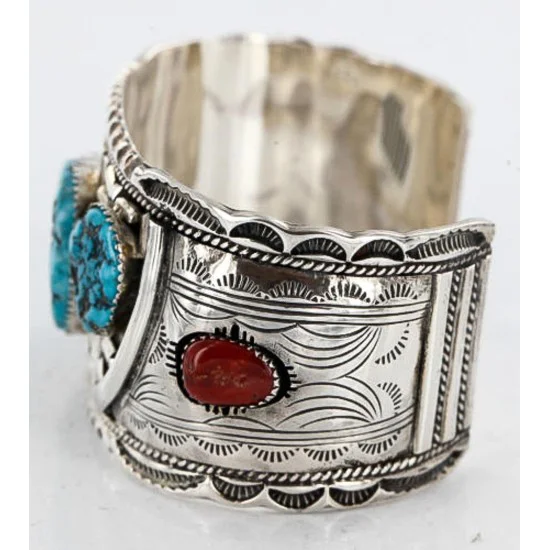 Large Collectable Handmade Navajo .925 Sterling Silver Coral Turquoise Signed Native American Cuff Bracelet 12471