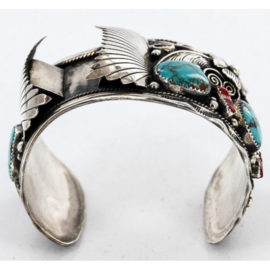 Collectable Handmade Certified Authentic Navajo .925 Sterling Silver Coral Turquoise Signed Native American Watch Cuff Bracelet 390822858662