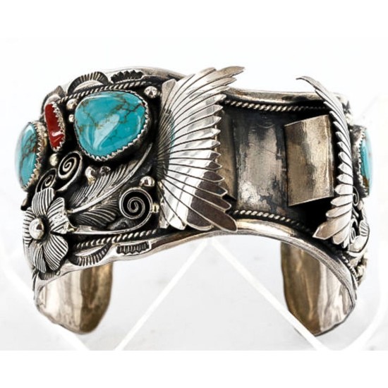 Collectable Handmade Certified Authentic Navajo .925 Sterling Silver Coral Turquoise Signed Native American Watch Cuff Bracelet 390822858662