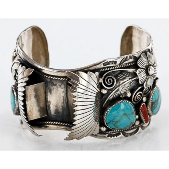 Collectable Handmade Certified Authentic Navajo .925 Sterling Silver Coral Turquoise Signed Native American Watch Cuff Bracelet 390822858662