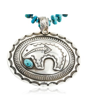 Collectable Large Handmade Certified Authentic Bear Navajo .925 Sterling Silver Natural Turquoise Native American Pendant and Necklace 15026