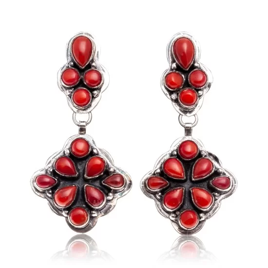 Coral .925 Starling Silver Navajo Native American Handmade Post Earrings 18198-20 Coral .925 Starling Silver Navajo Native American Handmade Post Earrings 18198-20