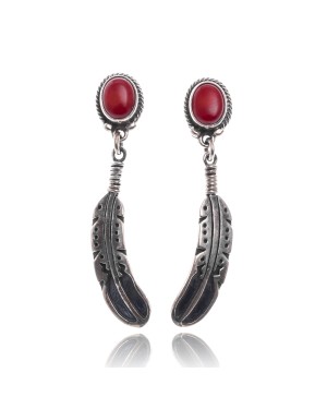 Coral .925 Sterling Silver Certified Authentic Navajo Native American Handmade Feather Post Earrings  18315-91