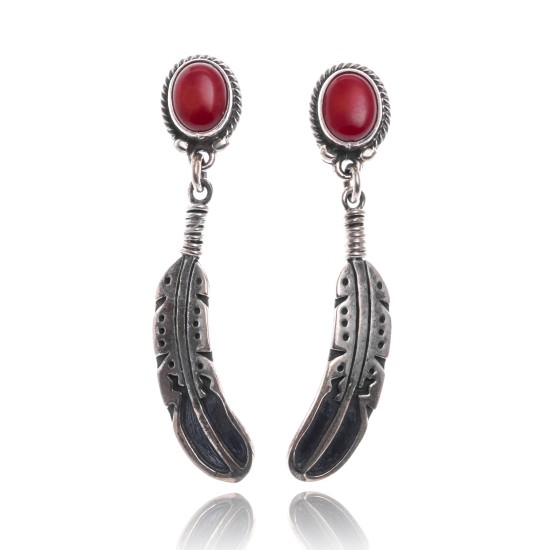 Coral .925 Sterling Silver Certified Authentic Navajo Native American Handmade Feather Post Earrings  18315-91