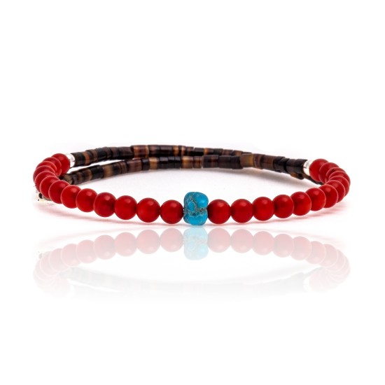 Coral and Natural Turquoise Certified Authentic Navajo Native American Adjustable Wrap Bracelet 22133