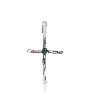 Cross .925 Sterling Silver Certified Authentic Handmade Navajo Native American Natural Turquoise Pendant 24373