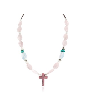 Cross .925 Sterling Silver Certified Authentic Navajo Natural Turquoise Opalite Pink Quartz Charoite Native American Necklace 750237-10