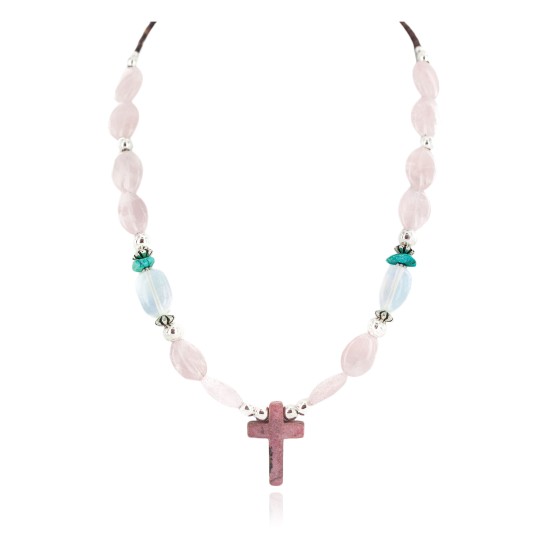 Cross .925 Sterling Silver Certified Authentic Navajo Natural Turquoise Opalite Pink Quartz Charoite Native American Necklace 750237-10 Cross .925 Sterling Silver Certified Authentic Navajo Natural Turquoise Opalite Pink Quartz Charoite Native American Necklace 750237-10