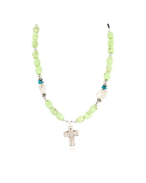 Cross .925 Sterling Silver Certified Authentic Navajo White Howlite Gaspeite Native American Necklace 750237-9