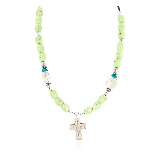 Cross .925 Sterling Silver Certified Authentic Navajo White Howlite Gaspeite Native American Necklace 750237-9
