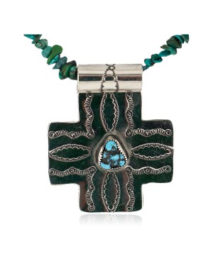 Cross .925 Sterling Silver Nickel Handmade Certified Authentic Navajo Natural Turquoise Coral Native American Necklace 18224-6-15917-15