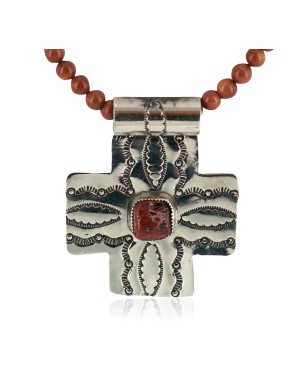 Cross .925 Sterling Silver Nickel Handmade Certified Authentic Navajo Natural Turquoise Goldstone Coral Native American Necklace 18224-3-15786