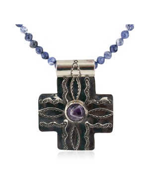 Cross .925 Sterling Silver Nickel Handmade Certified Authentic Navajo Natural Turquoise Lapis Native American Necklace 18224-4-15786-102