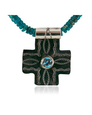Cross .925 Sterling Silver Nickel Handmade Certified Authentic Navajo Natural Turquoise Native American Necklace 18224-5-18209