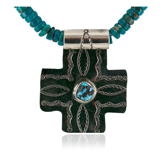 Cross .925 Sterling Silver Nickel Handmade Certified Authentic Navajo Natural Turquoise Native American Necklace 18224-5-18209