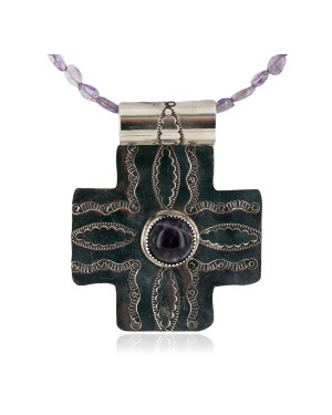 Cross .925 Sterling Silver Nickel Handmade Certified Authentic Navajo Natural Turquoise Purple Spiny Oyster Amethyst Native American Necklace 18224-1-750200