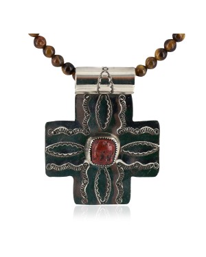 Cross .925 Sterling Silver Nickel Handmade Certified Authentic Navajo Natural Turquoise Tigers Eye Coral Native American Necklace 18224-2-15786-101
