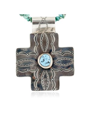 Cross .925 Sterling Silver Nickel Handmade Certified Authentic Navajo Natural Turquoise Tigers Eye Native American Necklace 14981-16029-7