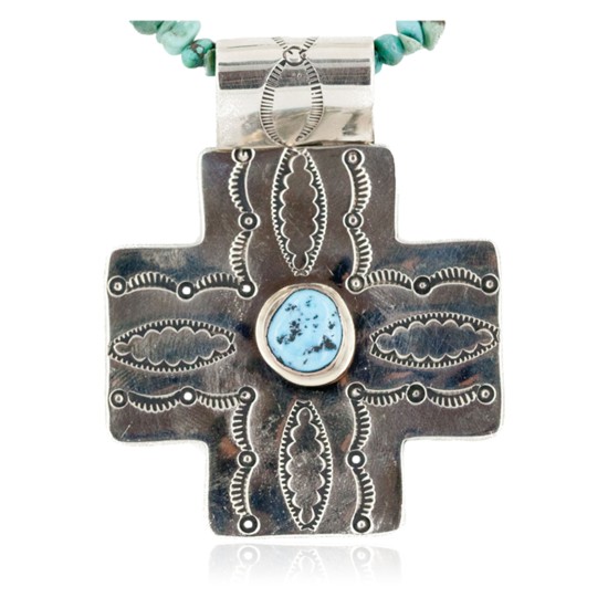 Cross .925 Sterling Silver Nickel Handmade Certified Authentic Navajo Natural Turquoise Tigers Eye Native American Necklace 14981-16029-7