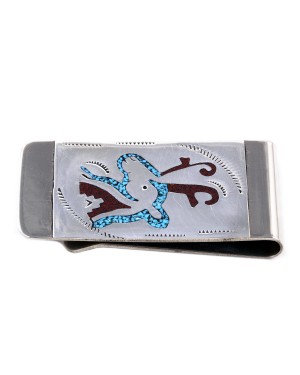 Deer .925 Sterling Silver Ray Begay Certified Authentic Handmade Navajo Native American Natural Turquoise Coral Money Clip 11253-12