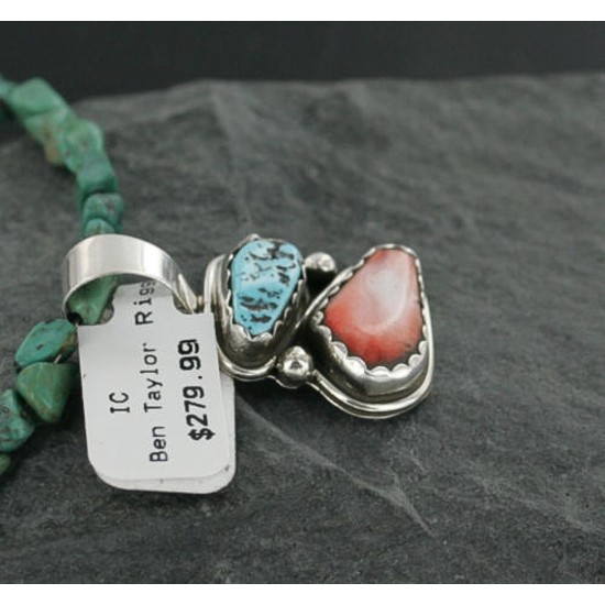 Delicate $470 Handmade Certified Authentic Navajo .925 Sterling Silver Natural Spiny Oyster and Turquoise Native American Necklace 370953865779