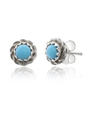 Delicate .925 Sterling Silver Certified Authentic Handmade Navajo Native American Natural Turquoise Stud Earrings  27228