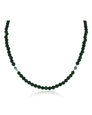 Delicate Certified Authentic Navajo .925 Sterling Silver Natural Turquoise and Dark Green Agate Native American Necklace Chain 16043-2