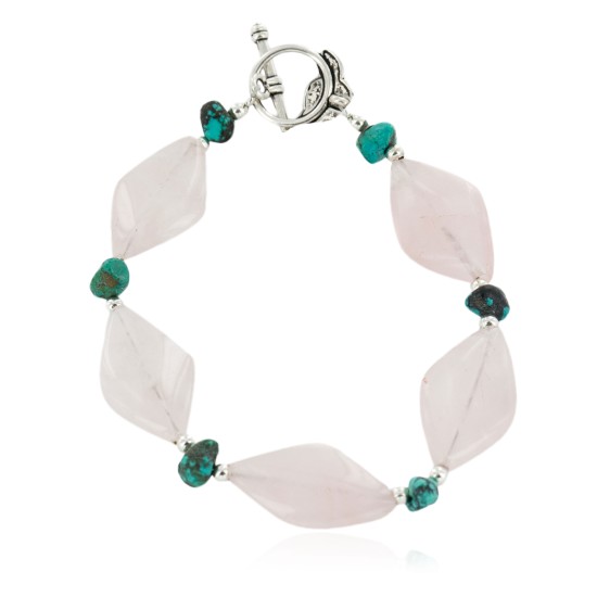 Delicate Certified Authentic Navajo Nickel Natural Spiderweb Turquoise Native American Pink Quartz Bracelet 12975-7