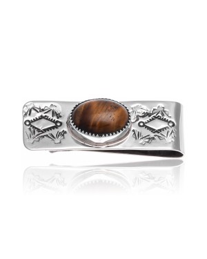 Diamond Natural Tigers Eye Nickel .925 Sterling Silver Certified Authentic Navajo Native American Handmade Money Clip 10533-1
