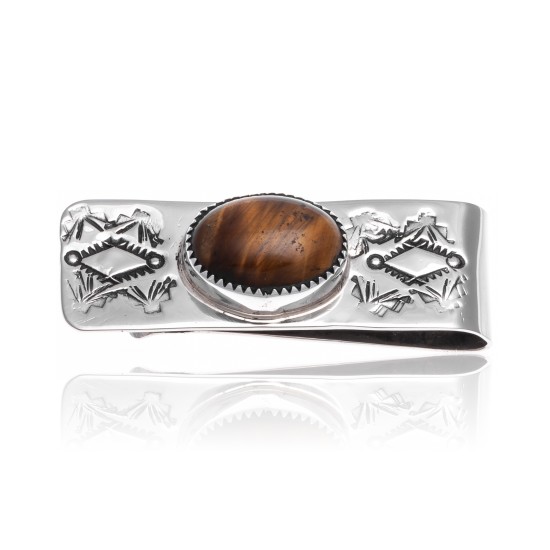 Diamond Natural Tigers Eye Nickel .925 Sterling Silver Certified Authentic Navajo Native American Handmade Money Clip 10533-1